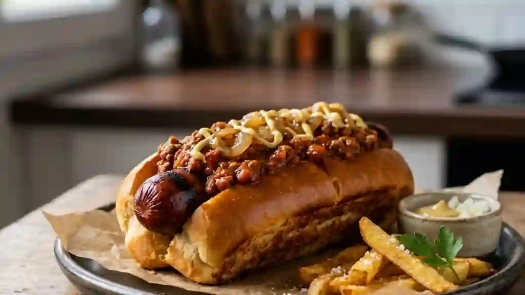 Hot-dog Michigan grillé et sauce chili fondante - Photo de présentation