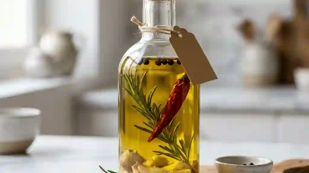 Huile infusée à l'ail et romarin frais - Photo de présentation