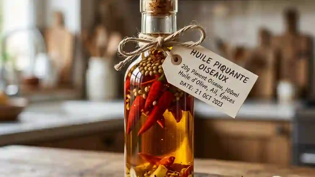 Huile de piment oiseau ardente et parfumée - Photo de présentation