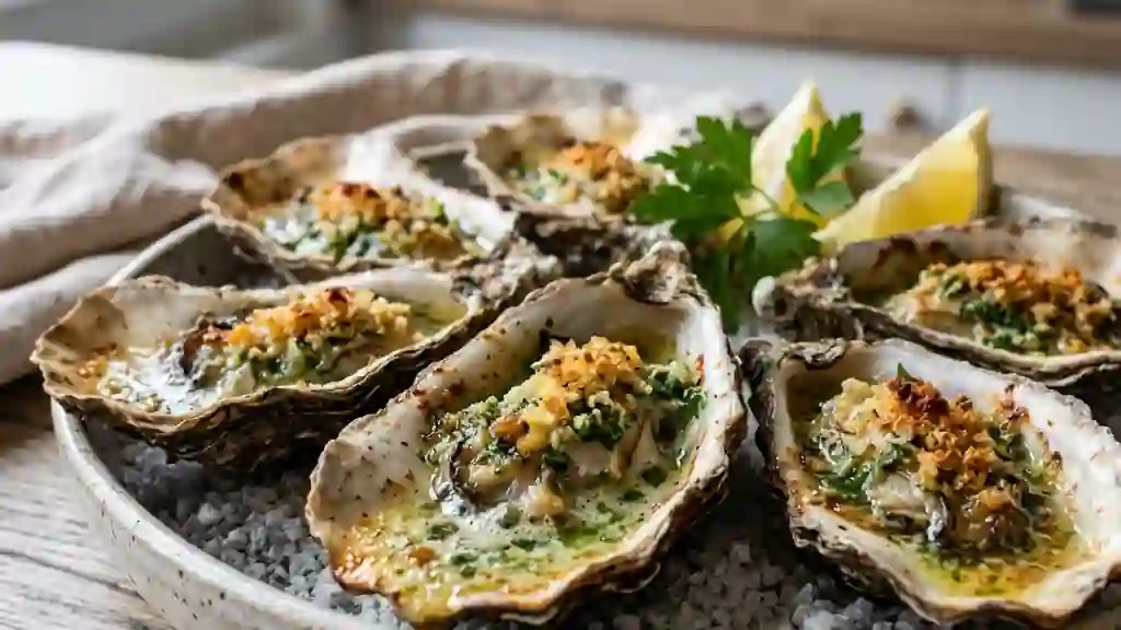 Huîtres gratinées au beurre d'escargot aillé - Photo de présentation