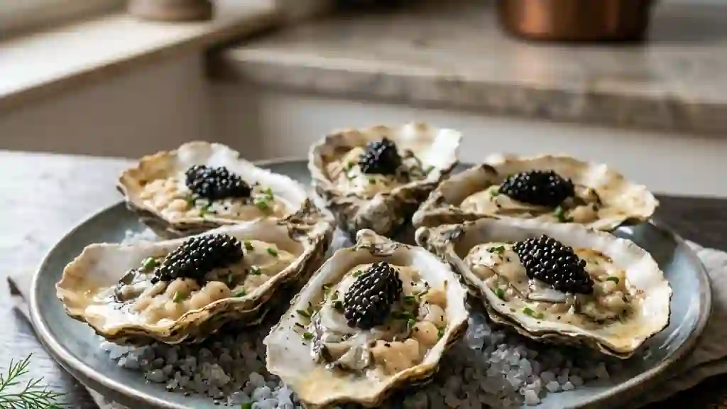 Huîtres chaudes au caviar et crème de haricots - Photo de présentation