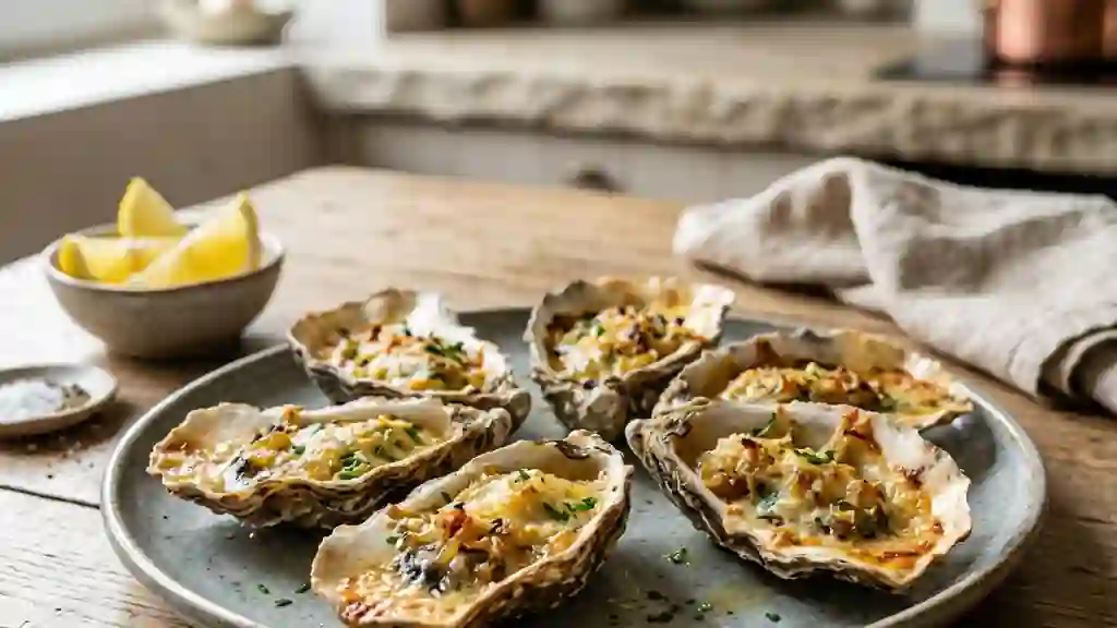 Huîtres rôties, crème d'oignons et croûte dorée - Photo de présentation