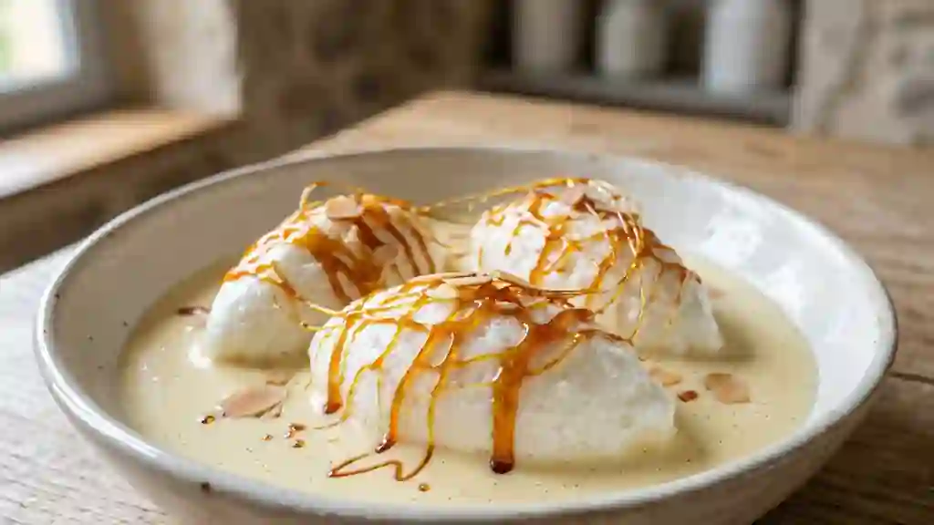 Île flottante onctueuse au caramel croquant - Photo de présentation