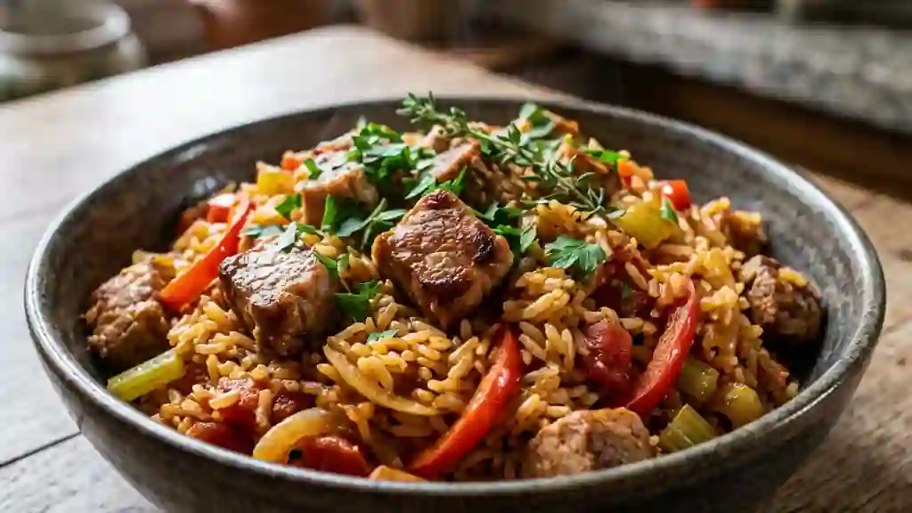 Jambalaya de porc épicé et fondant - Photo de présentation