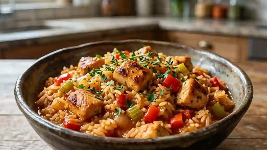 Jambalaya au poulet fondant et épices cajun - Photo de présentation