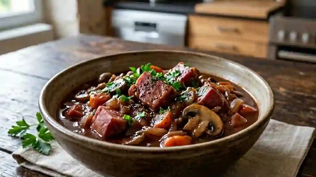 Jambon Fondant Sauce Vin Rouge et Champignons - Photo de présentation