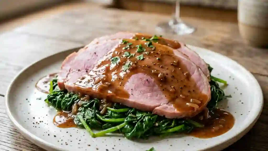 Jambon fondant, crème au Madère et épinards - Photo de présentation