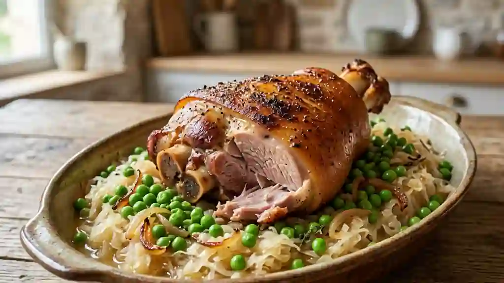 Jambonneau fondant, choucroute et petits pois - Photo de présentation