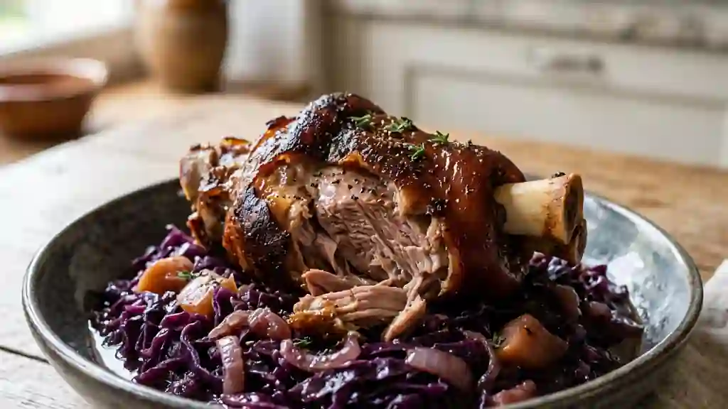 Jarret de porc confit au chou rouge acidulé - Photo de présentation