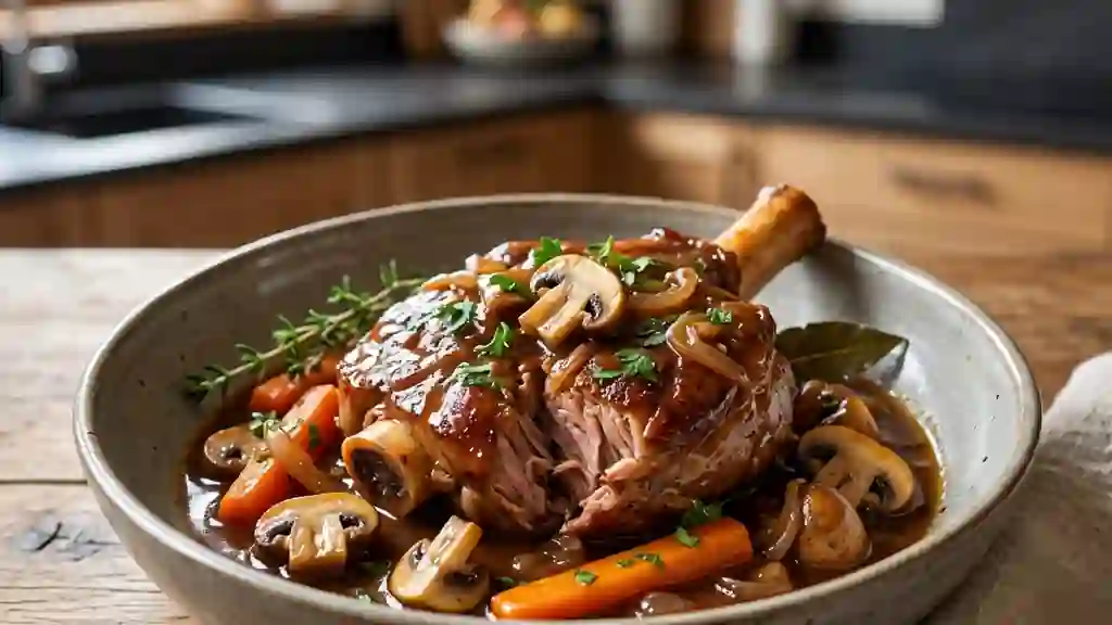 Jarret de veau confit aux champignons - Photo de présentation