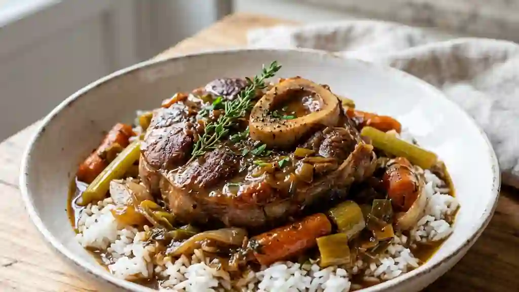 Jarret de veau confit aux légumes et riz parfumé - Photo de présentation