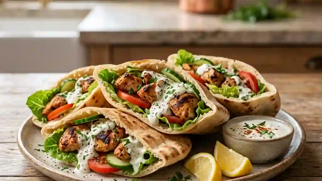 Kebab de poulet grillé et pita moelleuse - Photo de présentation