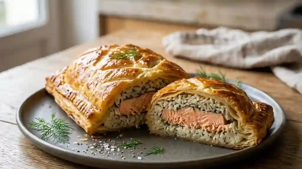 Koulibiac de saumon feuilleté et fondant - Photo de présentation