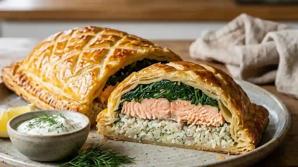 Koulibiac au saumon et feuilletage croustillant - Photo de présentation