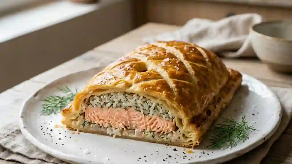 Koulibiac de saumon feuilleté et fondant - Photo de présentation