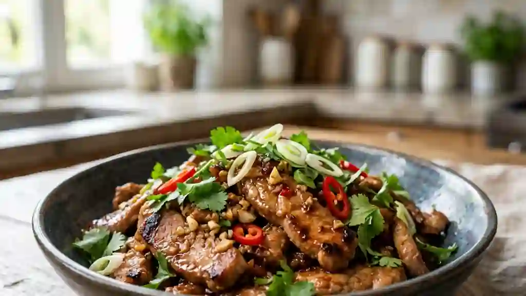 Émincé de porc laqué au piment et citron vert - Photo de présentation