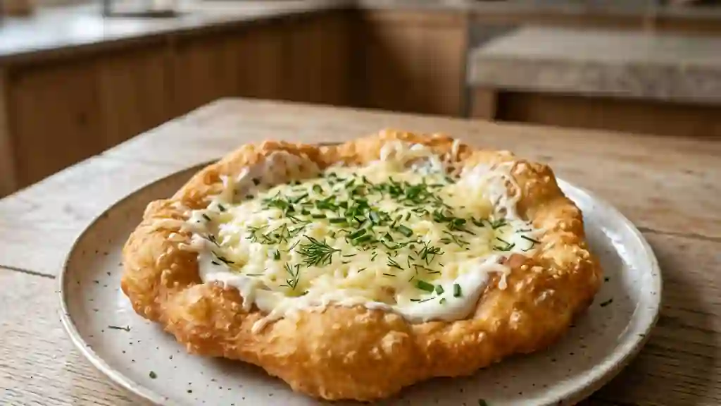 Langos croustillant à l'ail et crème fraîche - Photo de présentation