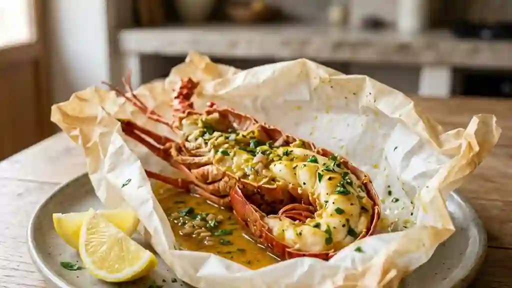 Langouste fondante en papillote au curry - Photo de présentation