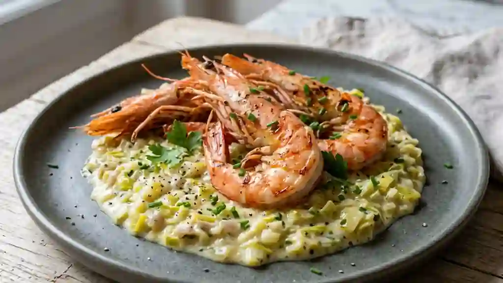 Langoustines rôties et fondue de poireaux crème - Photo de présentation