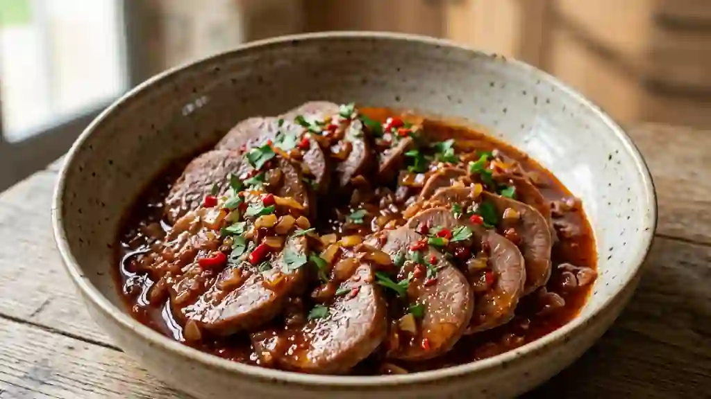 Langue de bœuf fondante à la sauce piquante - Photo de présentation