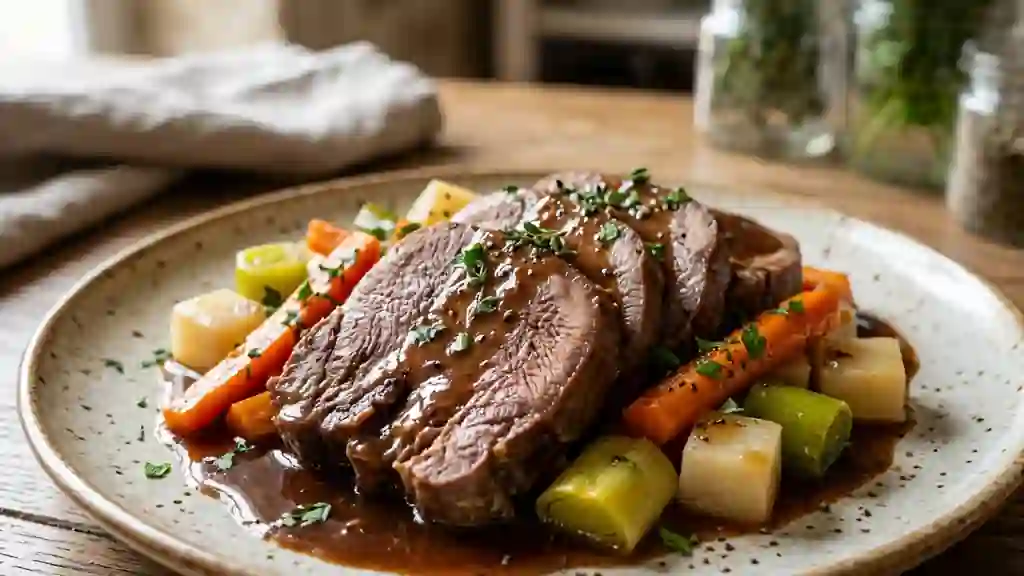 Langue de bœuf fondante à la sauce Madère - Photo de présentation