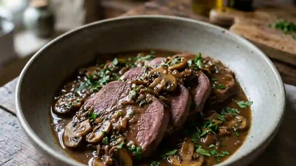 Langue de bœuf fondante sauce chasseur - Photo de présentation