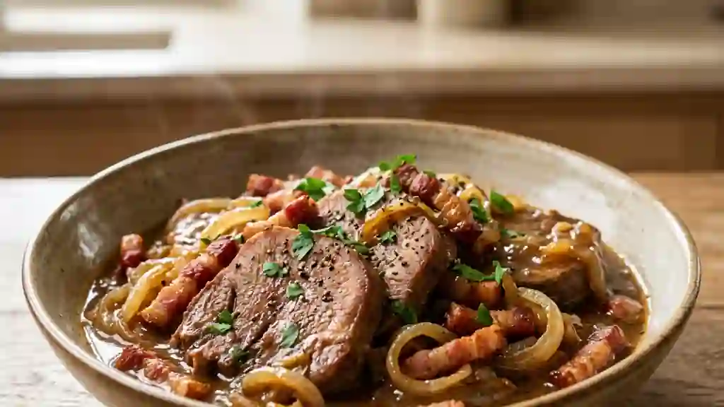 Langue de porc braisée, oignons et lardons - Photo de présentation