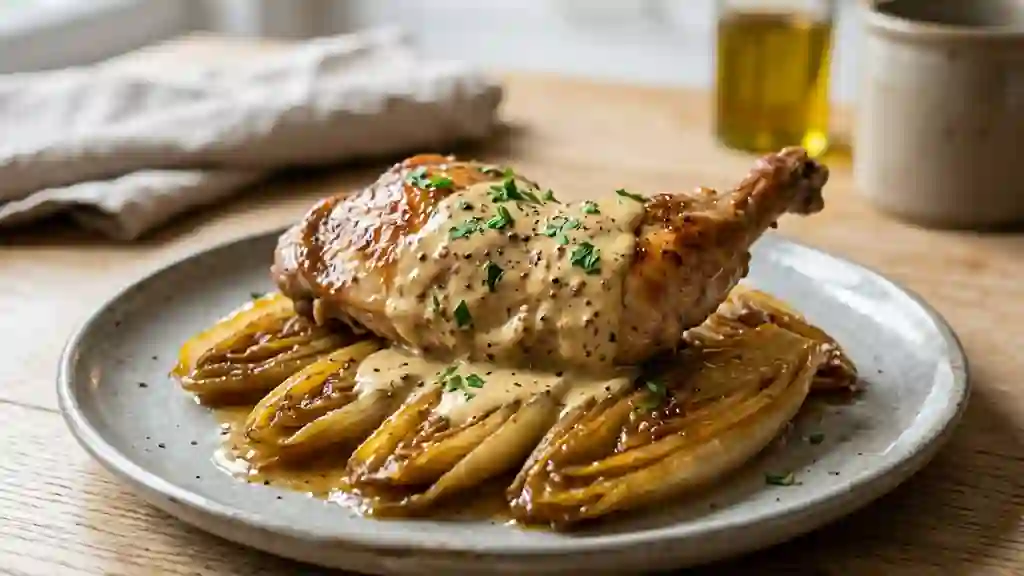 Lapin crémeux à la moutarde et endives fondantes - Photo de présentation