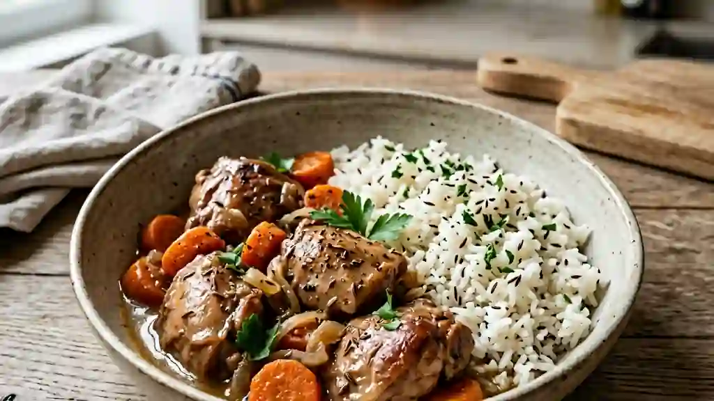 Lapin fondant au vin blanc et riz au carvi - Photo de présentation