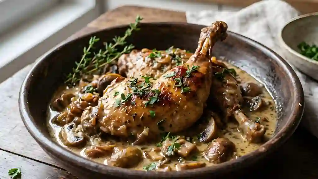 Lapin au cidre fondant et champignons crémés - Photo de présentation