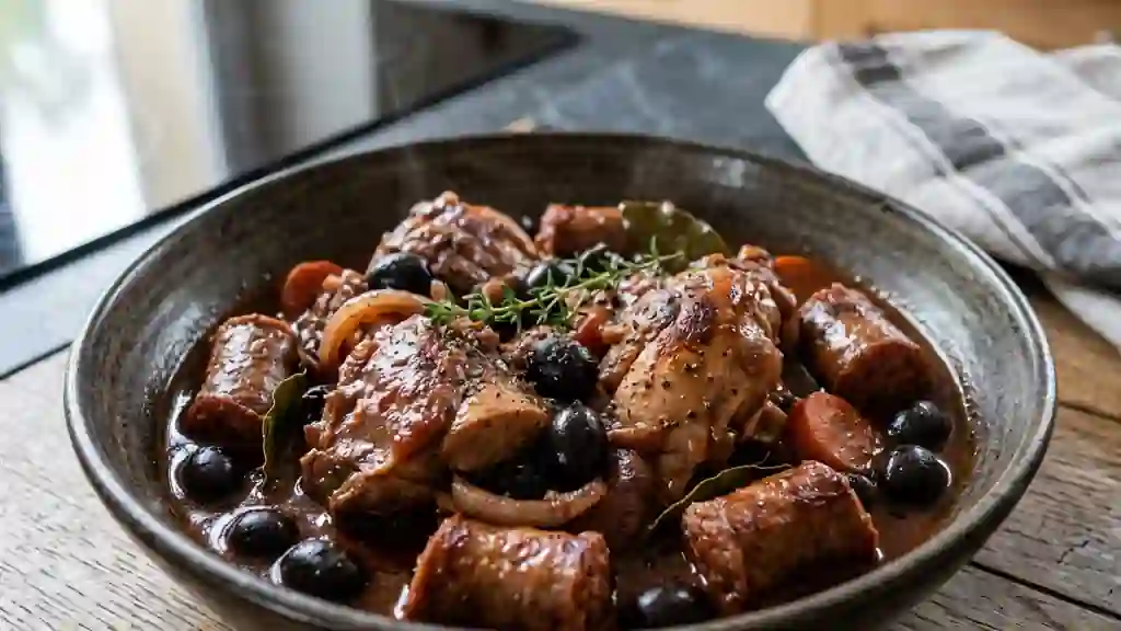 Lapin au Vin Rouge, Saucisses et Olives Fondantes - Photo de présentation