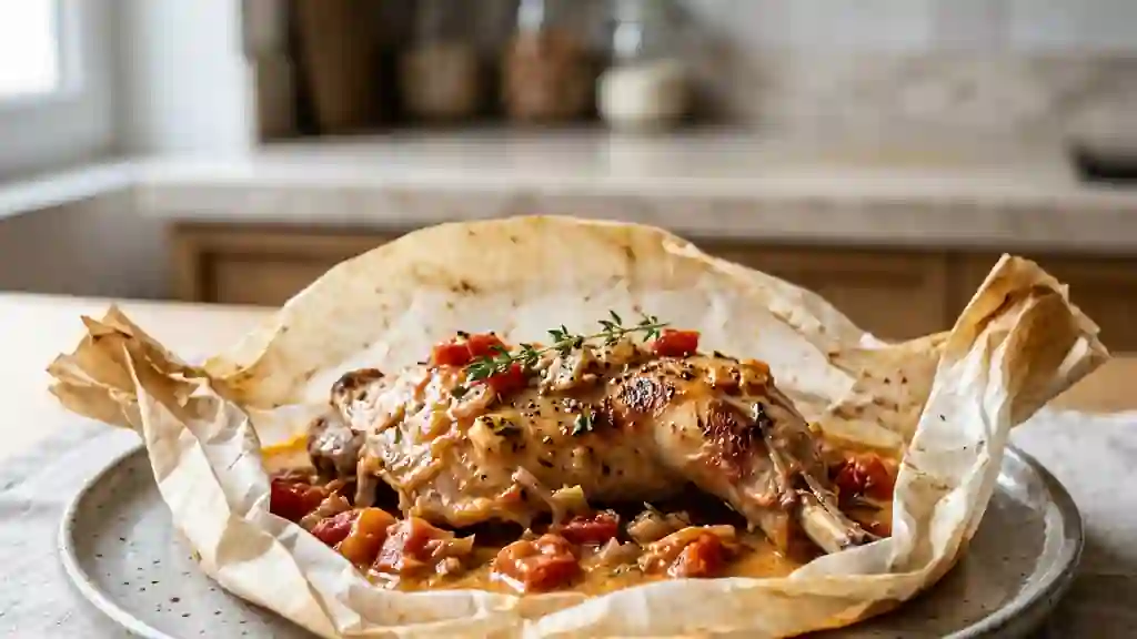 Cuisse de lapin fondante, crème tomatée au thym - Photo de présentation