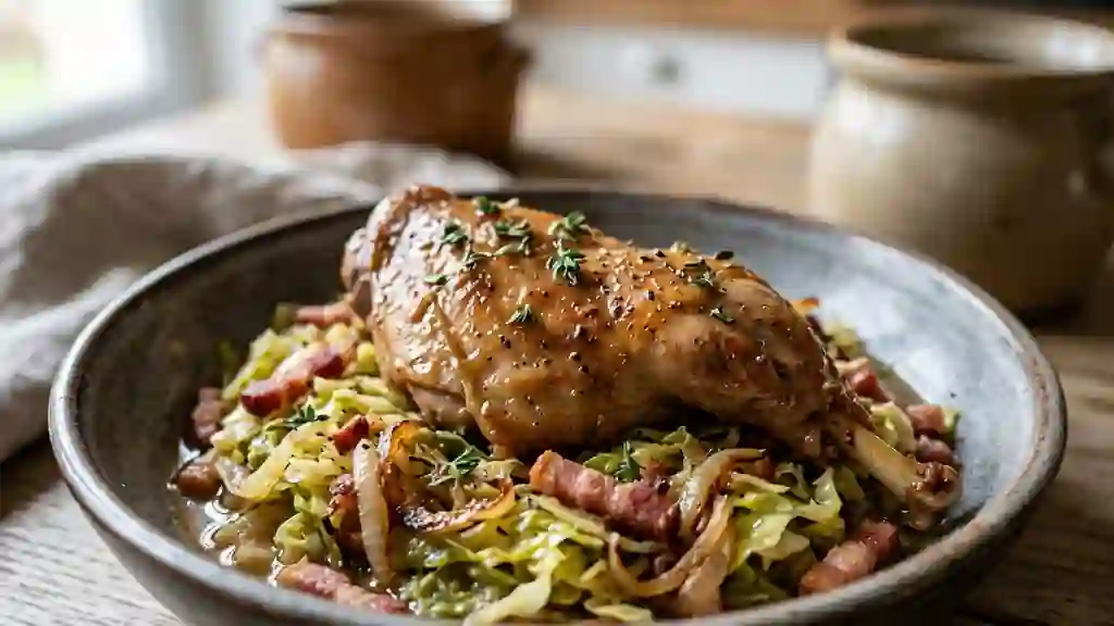 Lapin fondant au chou vert et lardons fumés - Photo de présentation