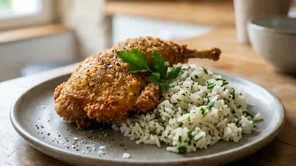 Lapin croustillant et riz léger à l'ail - Photo de présentation
