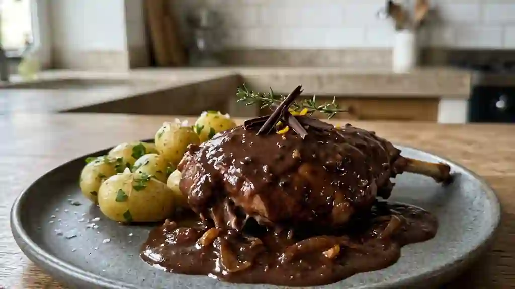 Lapin fondant sauce intense au chocolat noir - Photo de présentation
