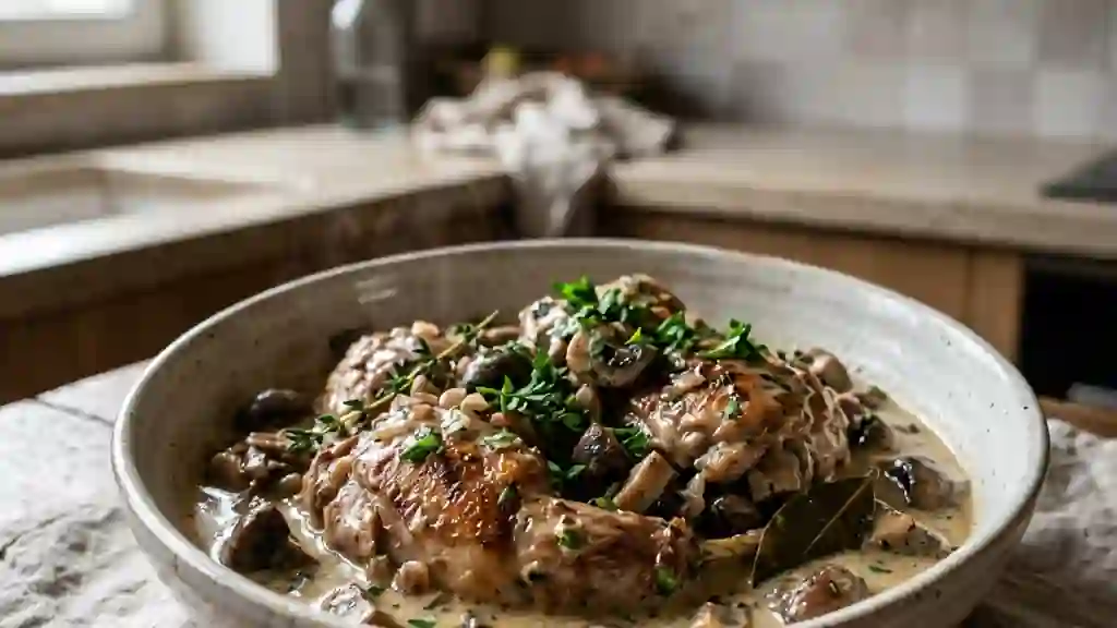 Lapin onctueux au vin blanc et champignons - Photo de présentation
