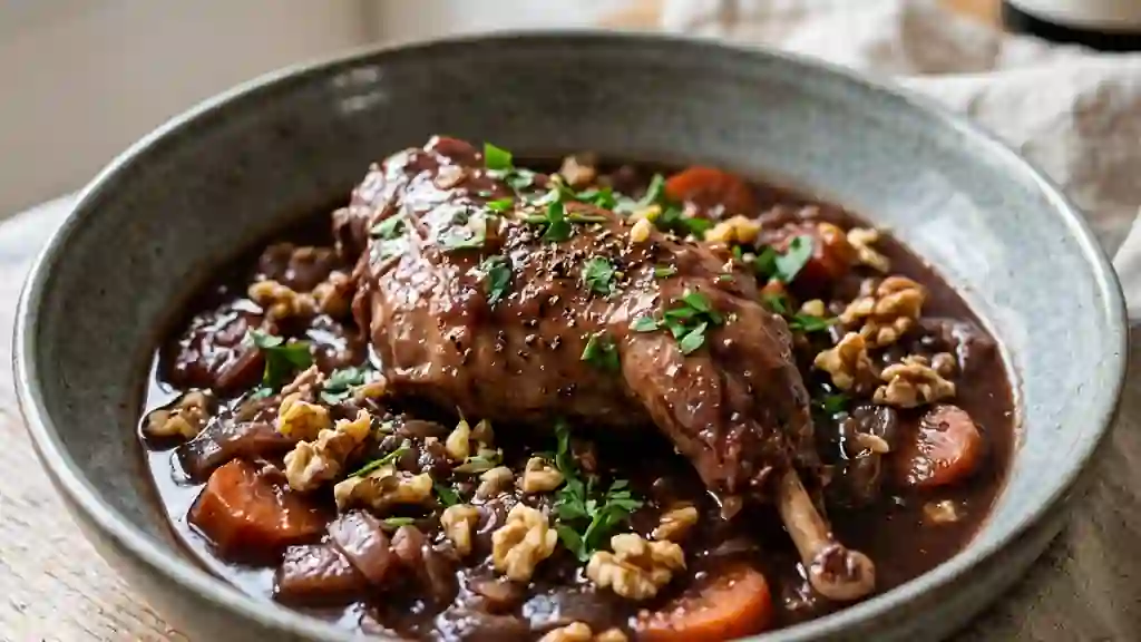 Lapin fondant au vin rouge et noix croquantes - Photo de présentation