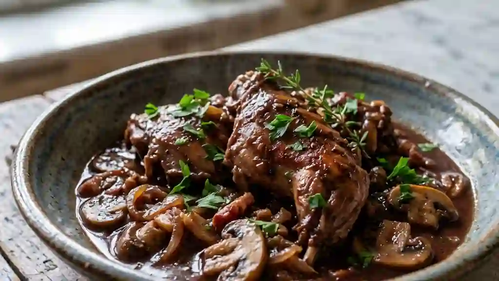 Lapin mijoté au vin rouge et champignons - Photo de présentation