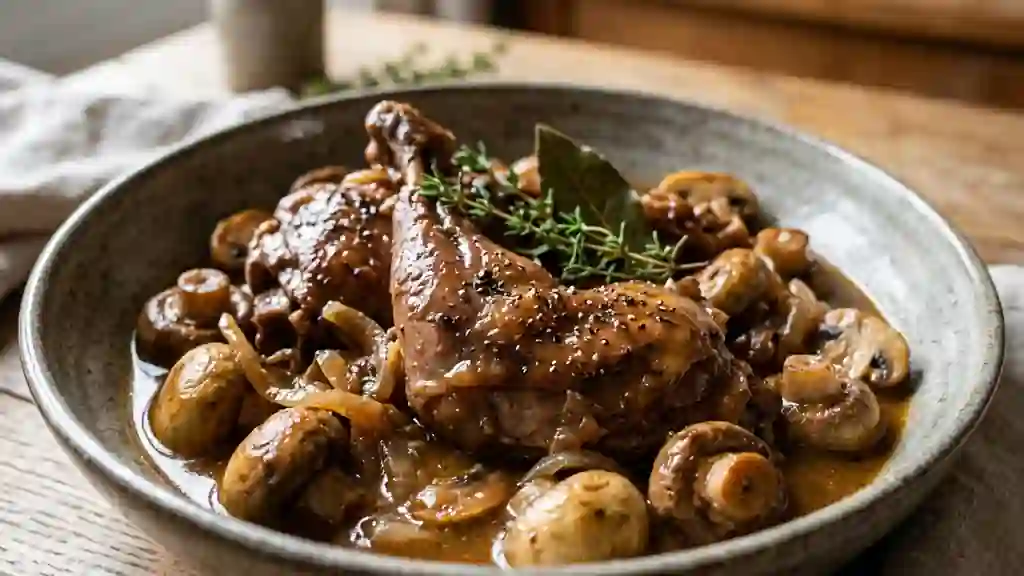 Lapin fondant aux champignons et vin blanc - Photo de présentation