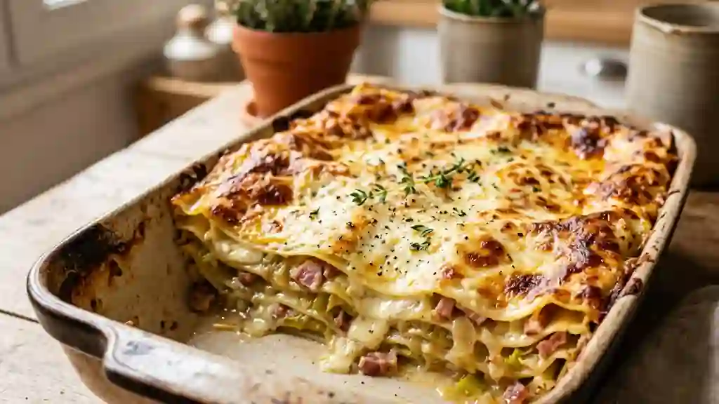 Lasagnes fondantes chèvre, poireaux et lard fumé - Photo de présentation