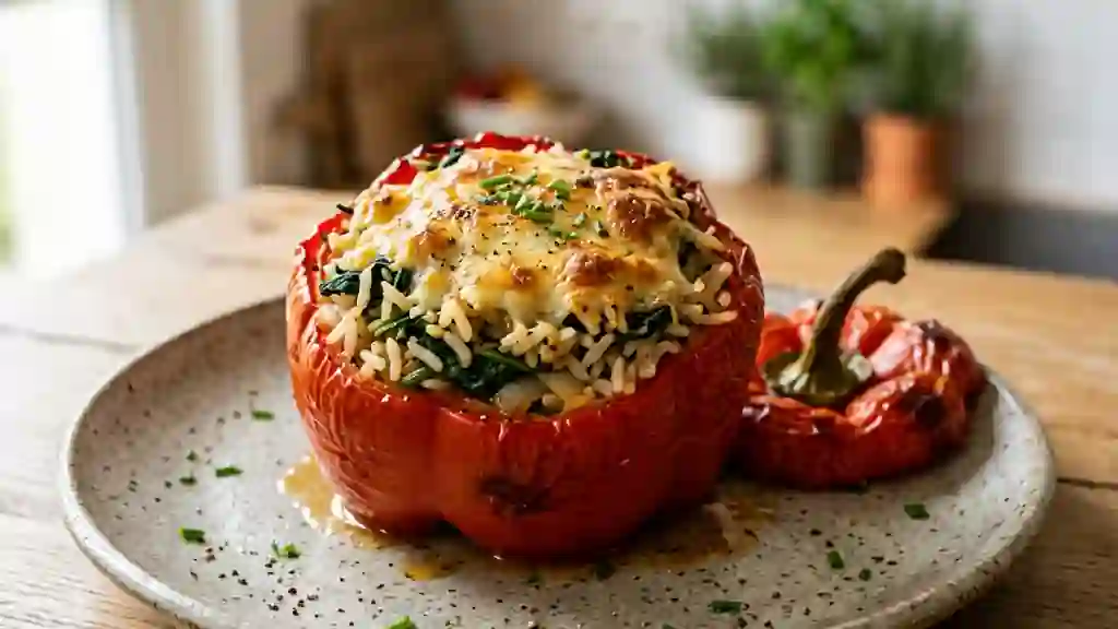 Poivrons rôtis au riz et épinards fondants - Photo de présentation