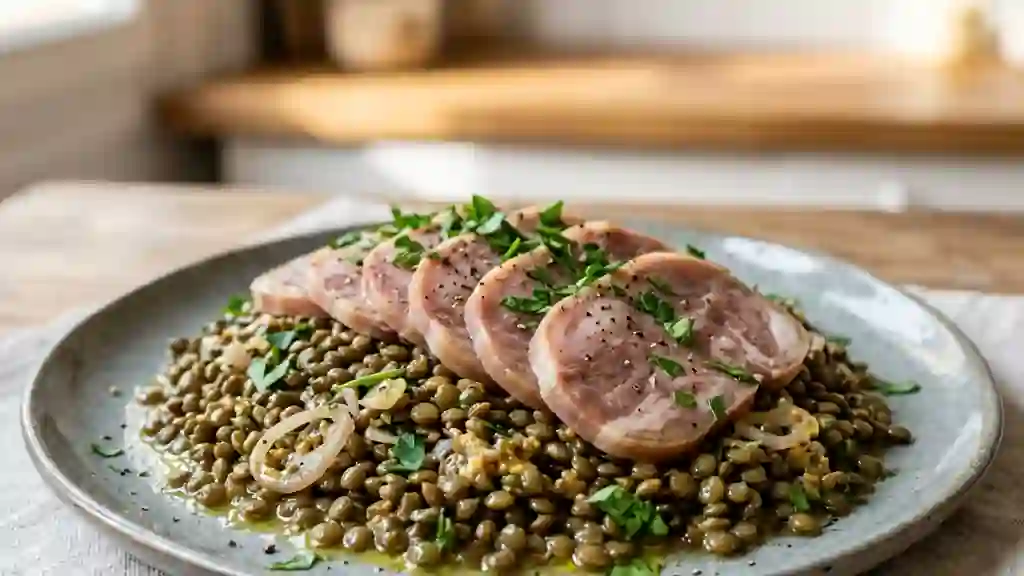 Lentilles au museau de porc et vinaigrette vive - Photo de présentation