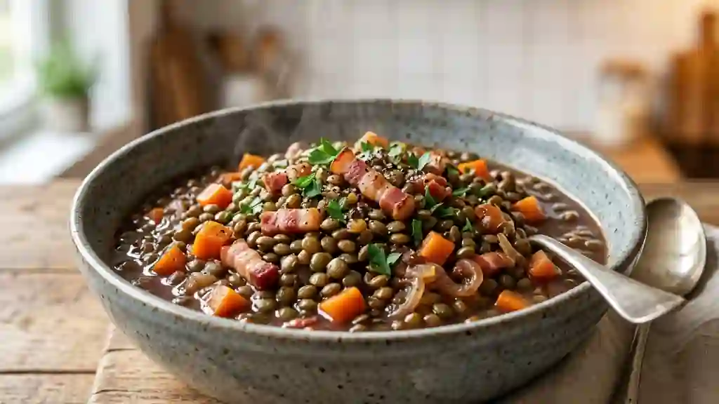 Lentilles fondantes au vin rouge et lardons - Photo de présentation