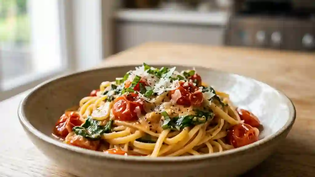 Linguine crémeuses aux épinards et tomates - Photo de présentation
