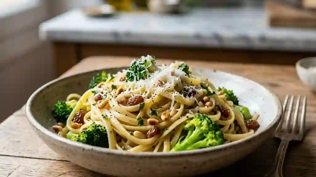 Linguine aux brocolis, pignons et raisins - Photo de présentation