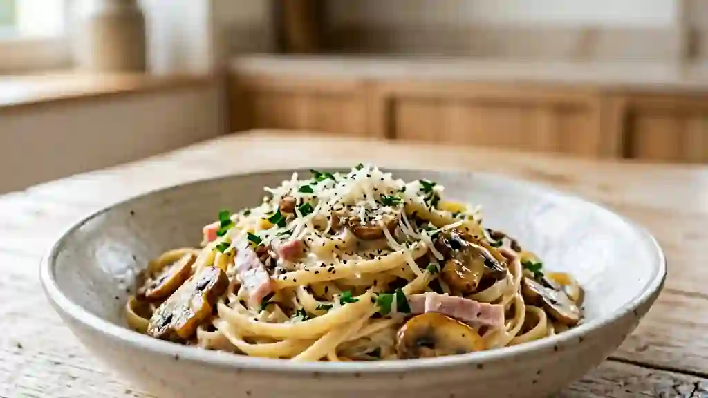 Linguines crémeuses jambon et champignons - Photo de présentation