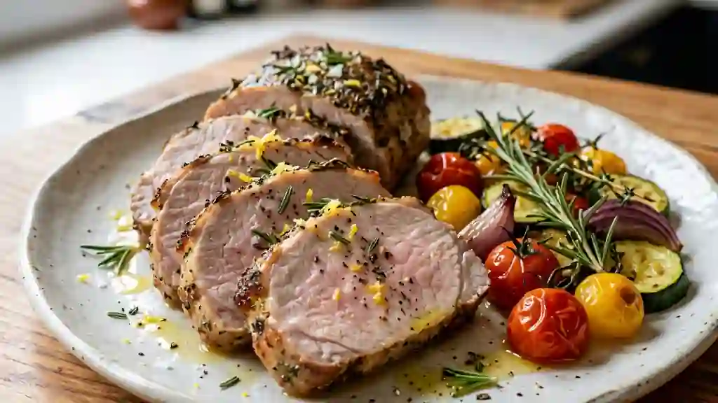 Longe de porc rôtie au citron et romarin - Photo de présentation