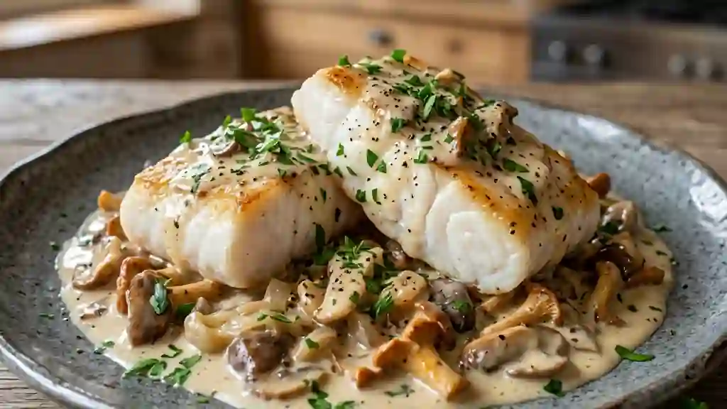 Lotte nacrée aux champignons sauvages et crème - Photo de présentation