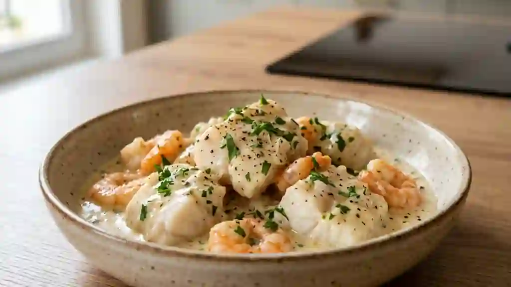 Lotte crémeuse aux crevettes et vin blanc - Photo de présentation