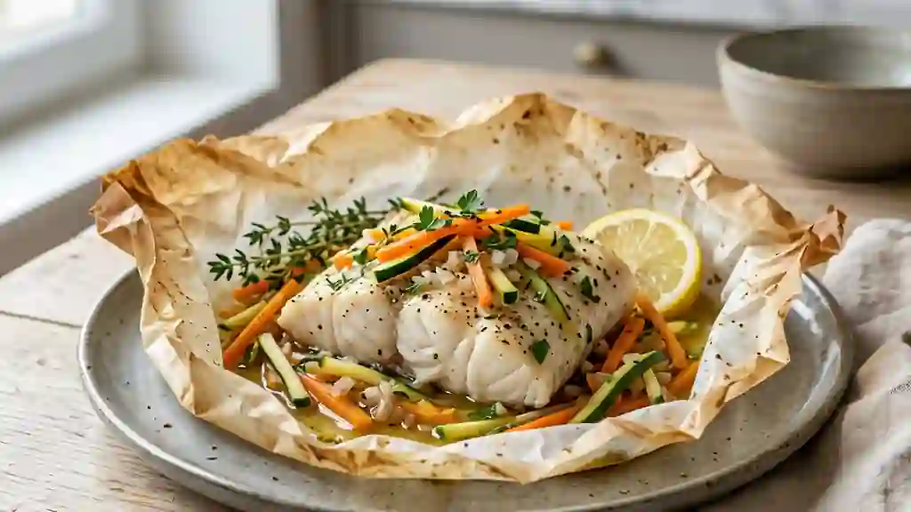 Lotte nacrée en papillote au citron et thym - Photo de présentation